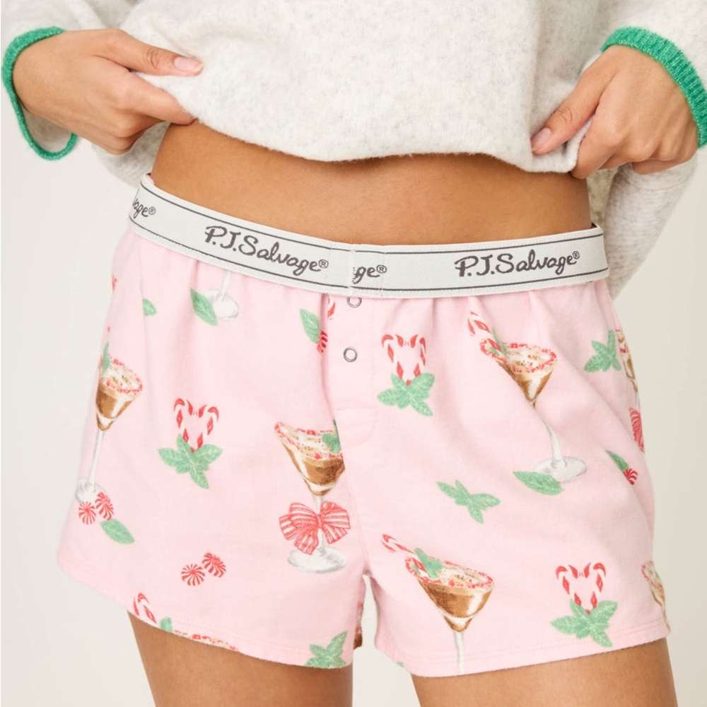 PJ Salvage Pink Holiday Print Cotton Boxer Shorts with Mint Accents
